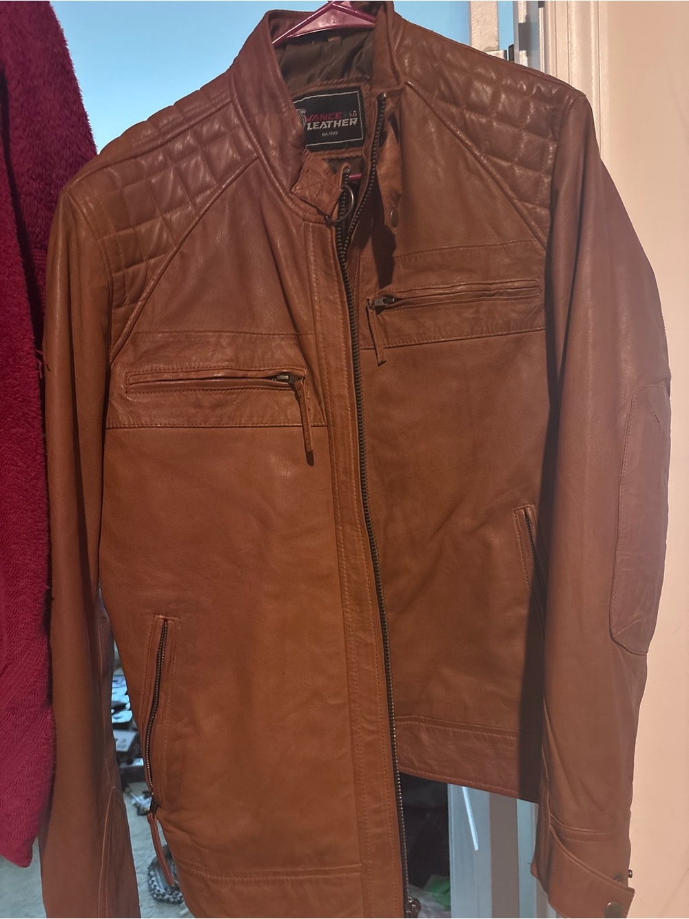 Men's Tan Leather Bomber Jacket with Quilted Shoulders
